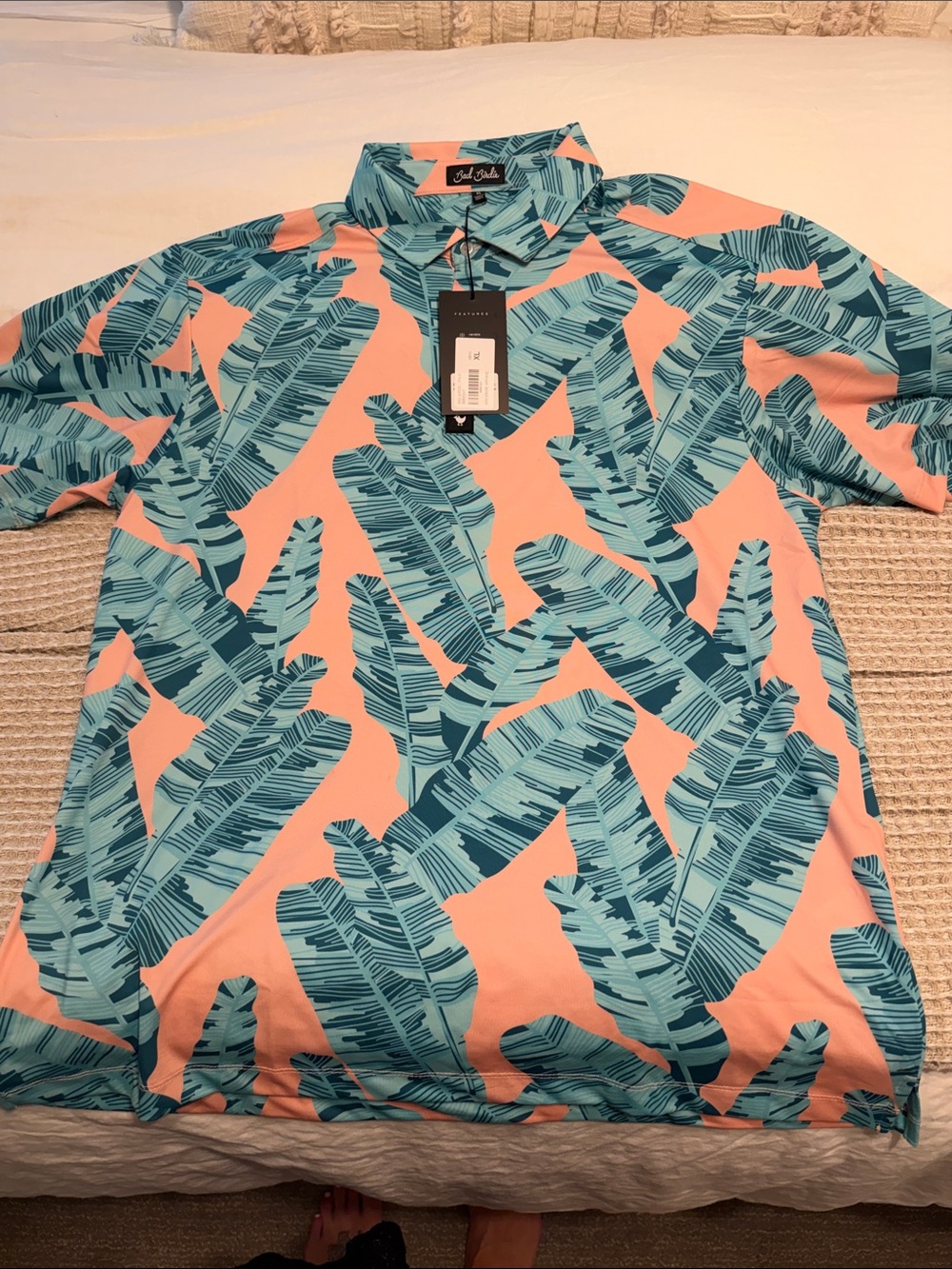 Bad Birdie Coral & Teal Tropical Leaf Polo